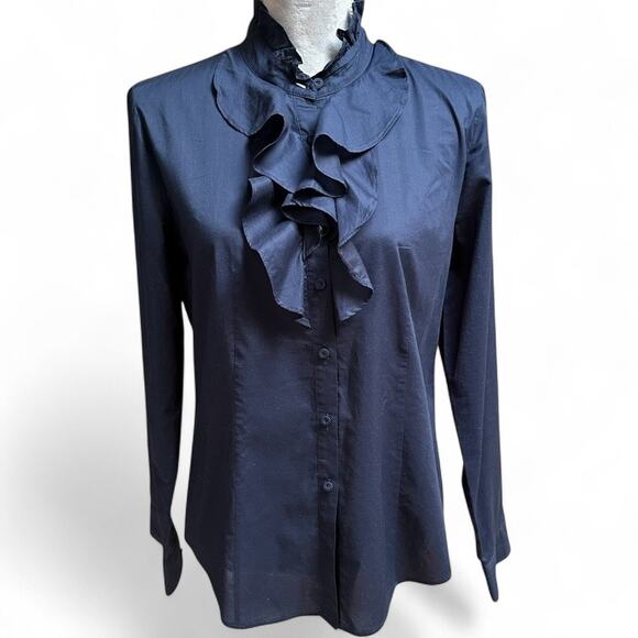 TALBOTS Ruffle Front Button Down Blouse Navy Blue Cotton Size 8 - Picture 1 of 7